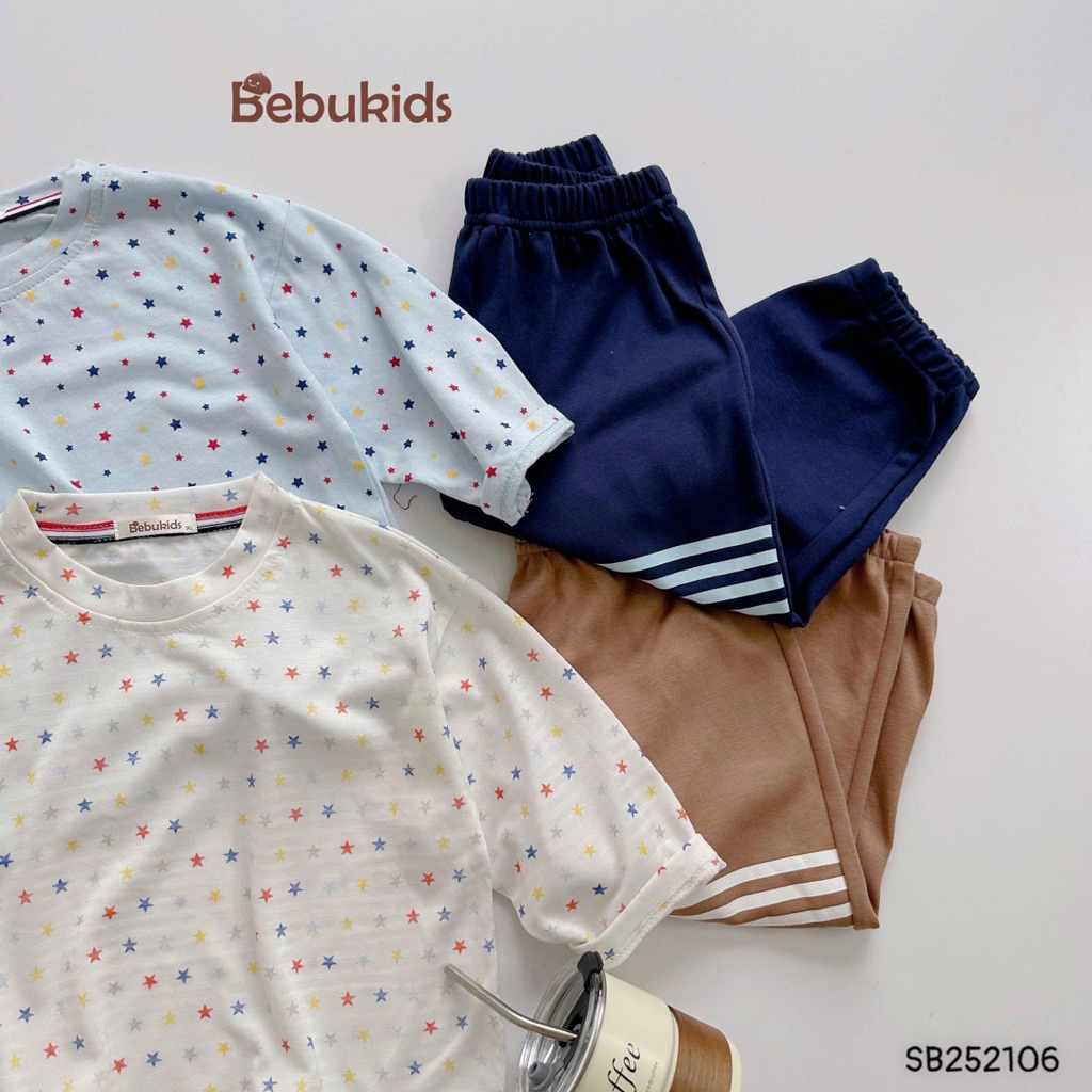 Bộ cotton dài tay in tràn ngôi sao Bebukids phối quần nắp túi cho bé 8-21kg