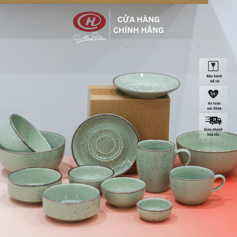 [LẺ] Bộ đồ dùng bát sứ men muối tiêu màu xanh lá phong cách Nhật Bản - Sứ Minh Châu