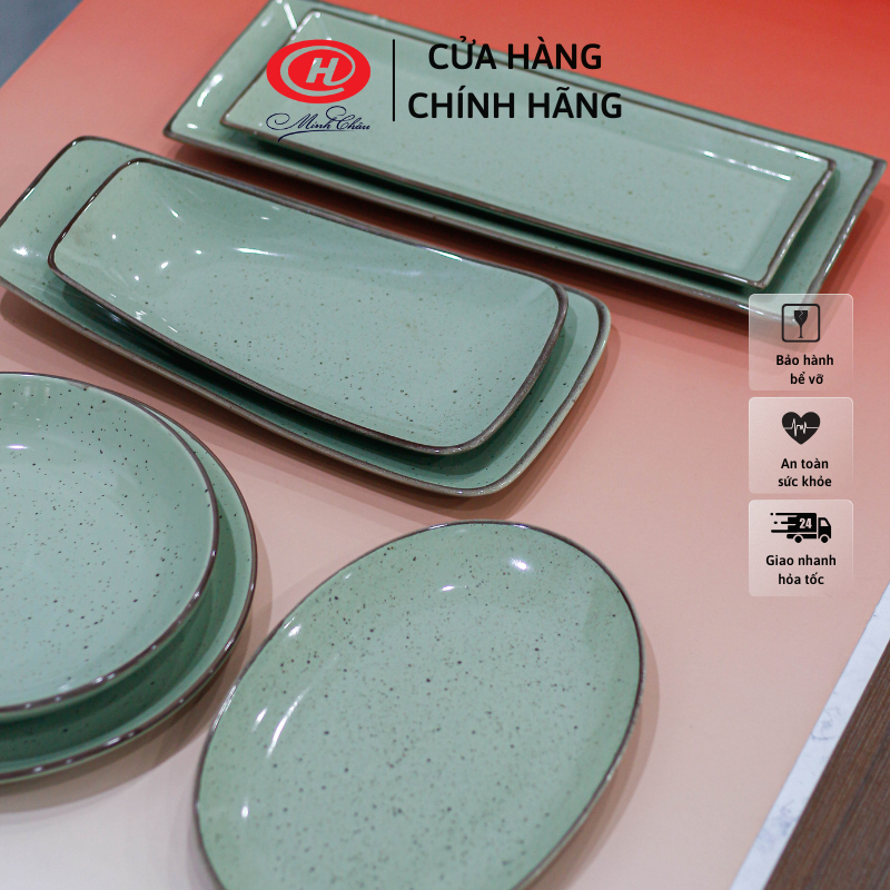 [LẺ] Bộ đĩa sứ kiểu men muối tiêu màu xanh lá phong cách Nhật Bản - Sứ Minh Châu