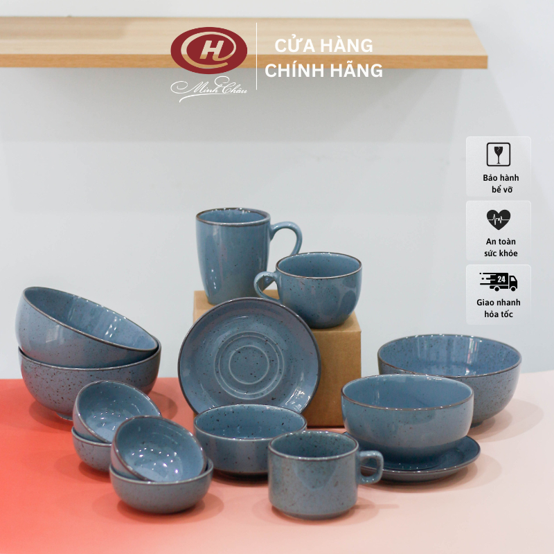 [LẺ] Bộ đồ dùng bát sứ men muối tiêu màu xanh dương phong cách Nhật Bản - Sứ Minh Châu