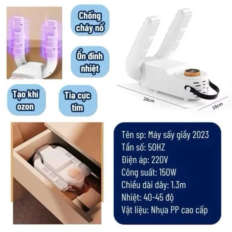 Máy sấy giày Shoe Dryer gấp gọn, có tia uv kháng khuẩn khử mùi giày tất chống hôi chân, có hẹn giờ