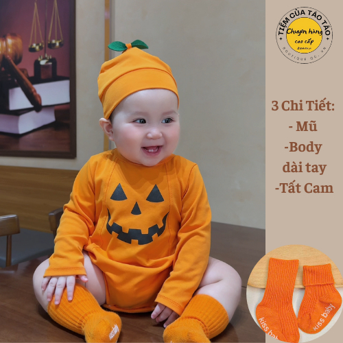 (SẴN SHIP- HỎA TỐC) Set bodysuit Halloween Bí Ngô, Dơi tặng kèm mũ và tất cho bé trai bé gái, sơ sinh size 3-13kg