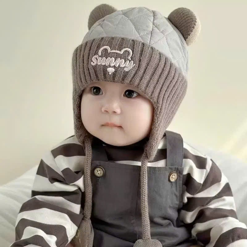 Mũ Nón Len Bịt Tai - Nón Dệt Kim Mùa đông Cho Bé đính Hình Gấu Tai Bông 6th-2 tuổi