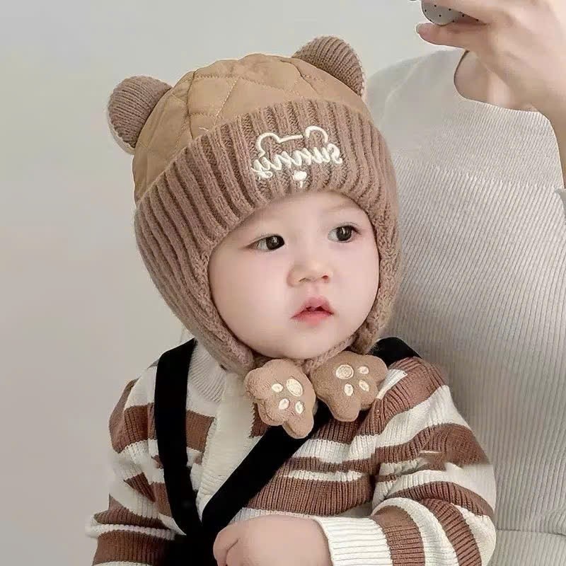 Mũ Nón Len Bịt Tai - Nón Dệt Kim Mùa đông Cho Bé đính Hình Gấu Tai Bông 6th-2 tuổi