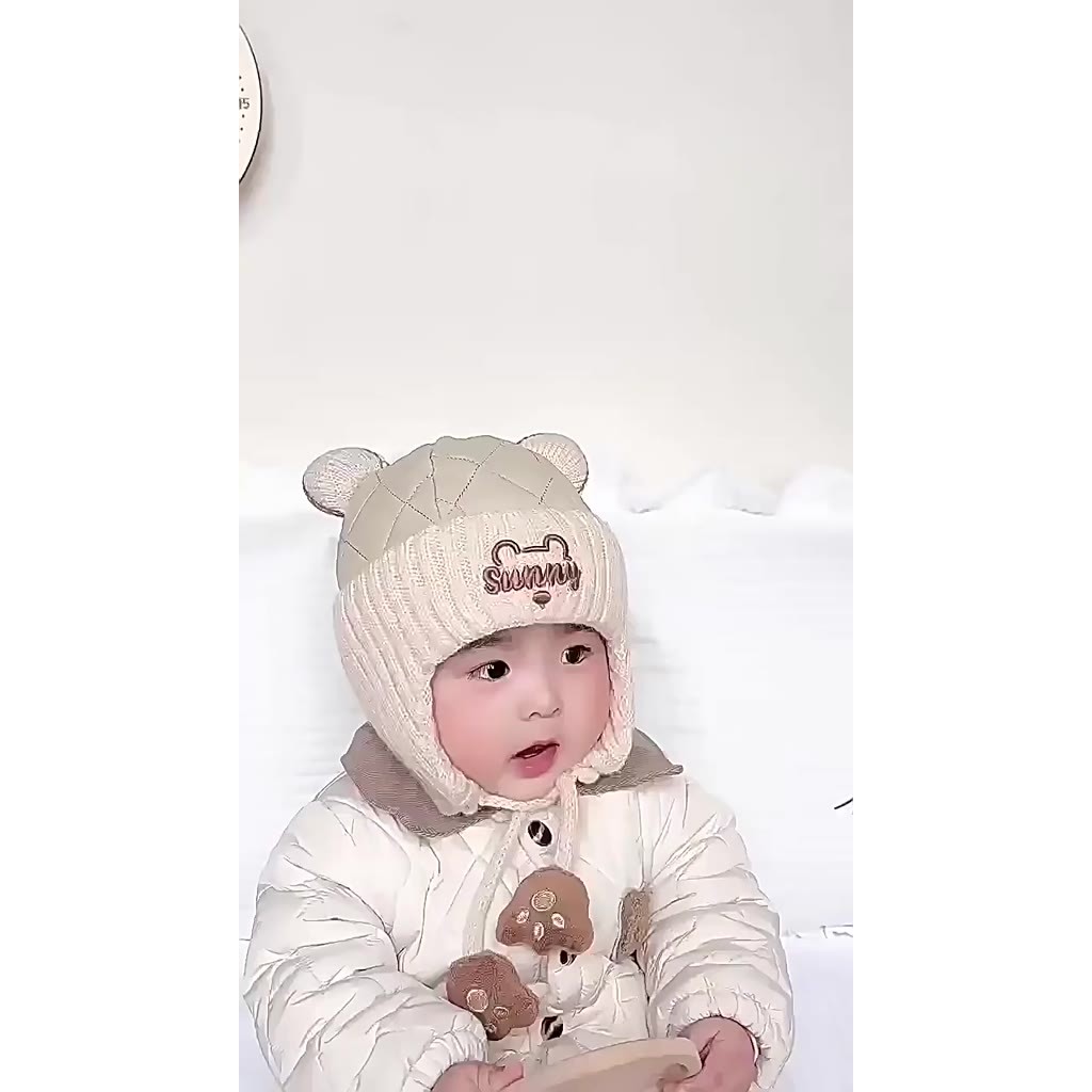 Mũ Nón Len Bịt Tai - Nón Dệt Kim Mùa đông Cho Bé đính Hình Gấu Tai Bông 6th-2 tuổi