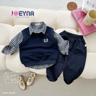 Set Gile Kẻ 3 Chi Tiết Bé Trai JOEYNA, phối quần kaki sành điệu trenddy - Chất liệu cao cấp mềm mại