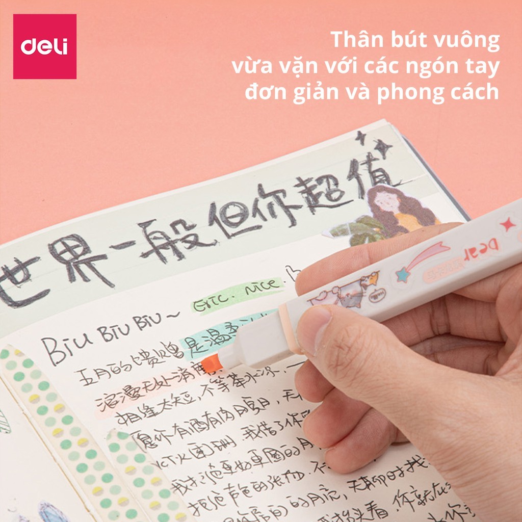 Bút Highlight Deli Màu Pastel Kèm Sticker Trang Trí, Dạ Quang Đánh Dấu Cho Học Sinh Văn Phòng