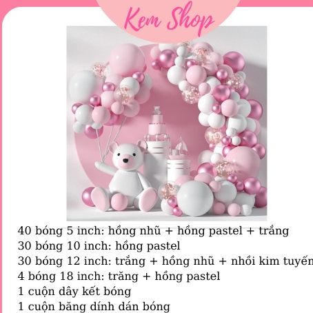 Set trang trí tiệc tông hồng ngọt ngào dễ thương (đầy đủ bóng và phụ kiện) trang trí sinh nhật - Kemshop K135