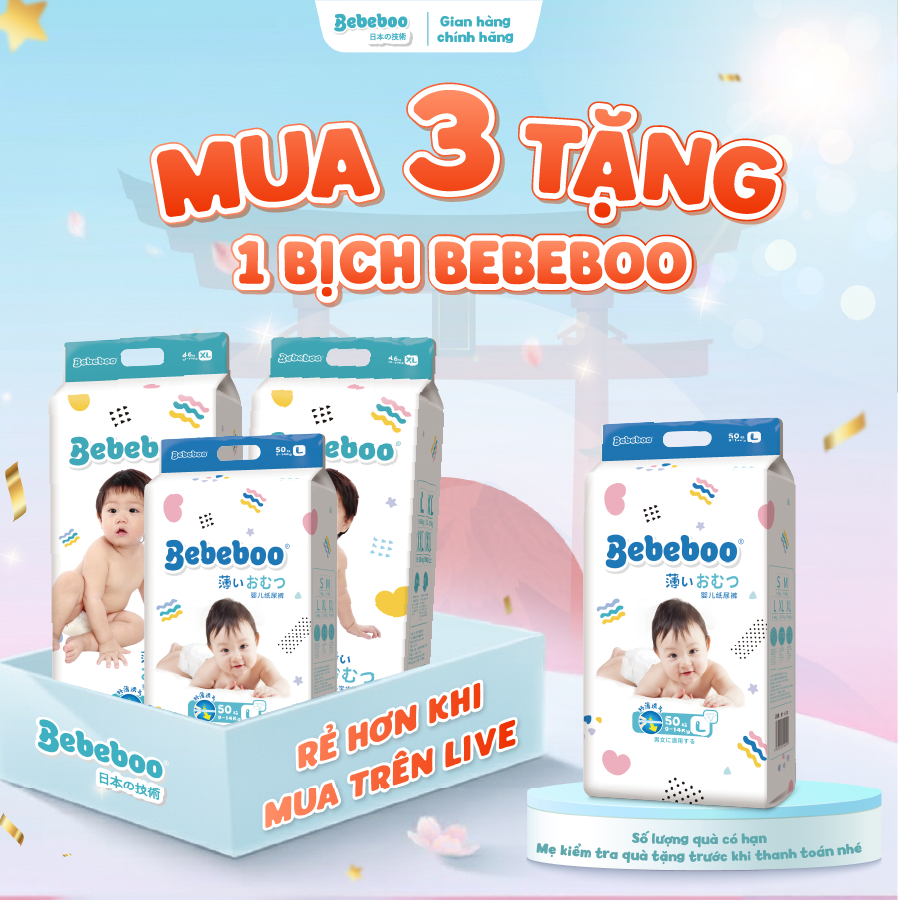 COMBO 4 Bịch Tã Bỉm Dán/Quần BEBEBOO NHẬT BẢN siêu mềm, siêu thấm hút, khô tháng, đủ size cho bé