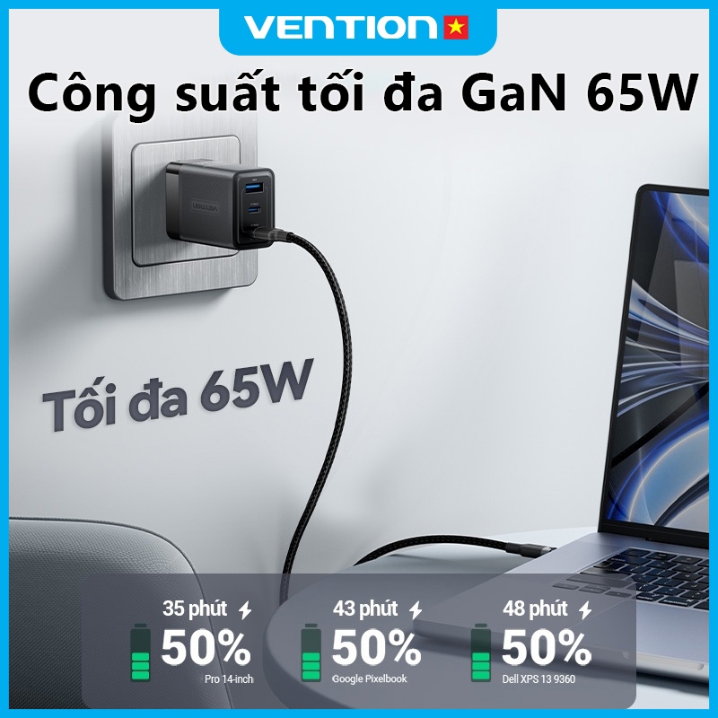 Củ Sạc GaN 65W Vention, Tích Hợp PD 3.0, QC 4.0 Nhỏ Gọn, Sạc Nhanh Cho 14/15/16/17, Samsung Máy Tính