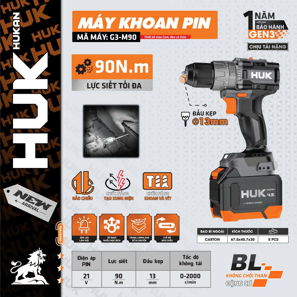 Máy Khoan Pin 3 Chức Năng HUKAN (GEN 3) G3-M90 | 13mm, Lực Siết 90N.m, Pin 4.5Ah-8C, Động Cơ Không Chổi Than