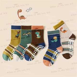 Set 5 Đôi Tất Trẻ Em Tất Khủng Long Bay Cam Cotton Có Chống Trơn Cổ Cao te128