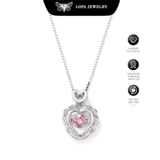 [Hộp Xinh]Dây chuyền SK10 Bạc LoPa dây trơn mặt tim đá nhảy hồng xinh,điệu đà, Bạc LoPa