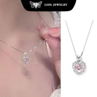 [Hộp Xinh]Dây chuyền SK10 Bạc LoPa dây trơn mặt tim đá nhảy hồng xinh,điệu đà, Bạc LoPa