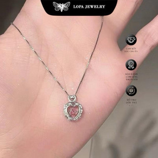 [Hộp Xinh]Dây chuyền SK10 Bạc LoPa dây trơn mặt tim đá nhảy hồng xinh,điệu đà, Bạc LoPa
