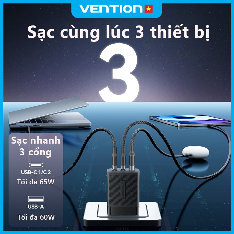 Củ Sạc GaN 65W Vention, Tích Hợp PD 3.0, QC 4.0 Nhỏ Gọn, Sạc Nhanh Cho 14/15/16/17, Samsung Máy Tính