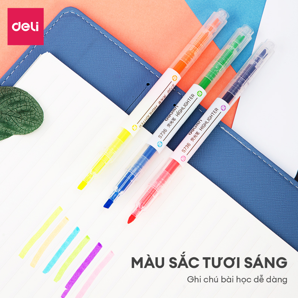 Bộ Bút Highlight Deli Hai Đầu Nhiều Màu Dạ Quang, Đánh Dấu Dòng Tiện Lợi Cho Học Sinh Văn Phòng