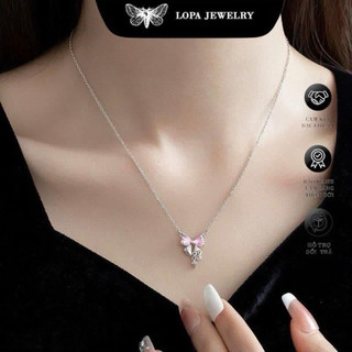 Dây chuyền nữ SK56 bạc LoPa,dáng dây công liền mặt nơ tua đá hồng lấp lánh,Bạc LoPa