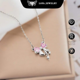 Dây chuyền nữ SK56 bạc LoPa,dáng dây công liền mặt nơ tua đá hồng lấp lánh,Bạc LoPa