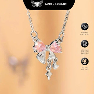 Dây chuyền nữ SK56 bạc LoPa,dáng dây công liền mặt nơ tua đá hồng lấp lánh,Bạc LoPa
