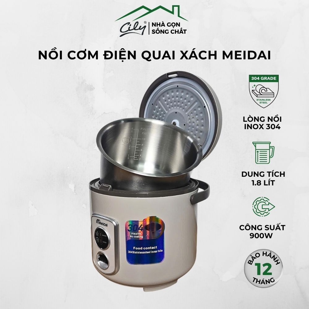 Nồi cơm Nồi Cơm Điện Quai Xách Meidai Lòng Inox 304 Cao Cấp – Dung Tích 1L