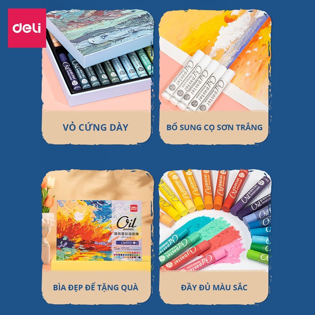 Bút Sáp Dầu Deli 24/36/48 Màu – Siêu Mịn, Dễ Tô, An Toàn Cho Học Sinh