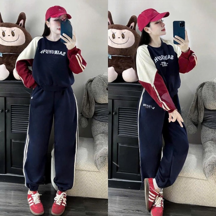 Set đồ nỉ nữ DONNA HCOM3311 thu đông cổ tròn phối 2 màu đỏ trắng, đồ bộ nữ phong cách Hàn Quốc