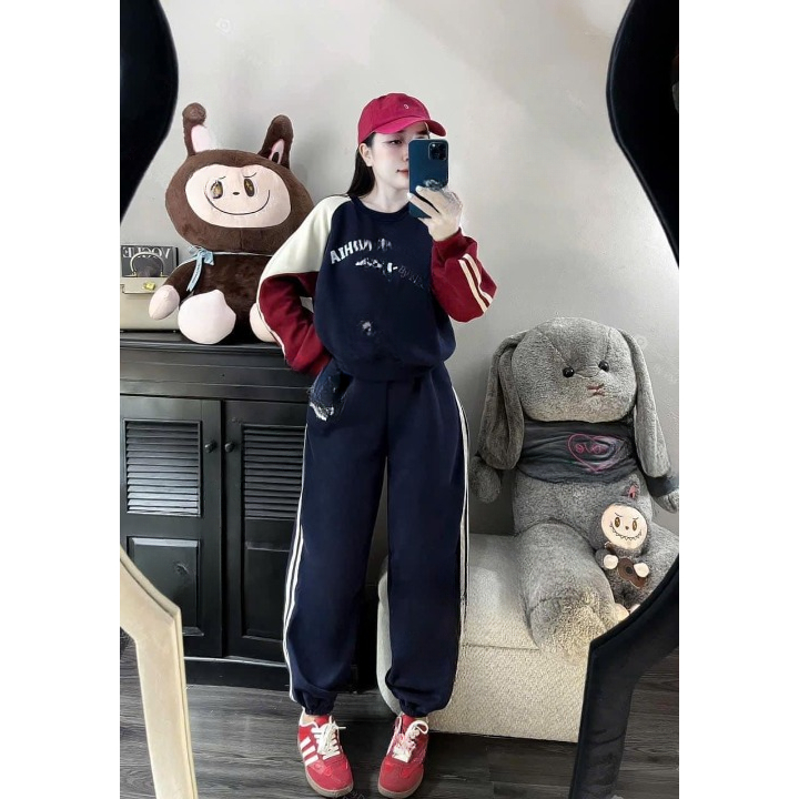 Set đồ nỉ nữ DONNA HCOM3311 thu đông cổ tròn phối 2 màu đỏ trắng, đồ bộ nữ phong cách Hàn Quốc