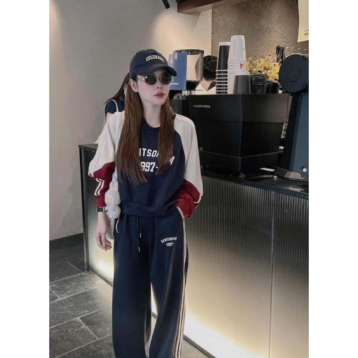 Set đồ nỉ nữ DONNA HCOM3311 thu đông cổ tròn phối 2 màu đỏ trắng, đồ bộ nữ phong cách Hàn Quốc