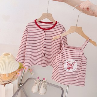 Set Áo khoác cardigan và áo dây bé gái kẻ sọc màu đỏ phong cách Hàn D1210 Bí Ngô Nhỏ