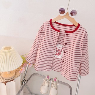 Set Áo khoác cardigan và áo dây bé gái kẻ sọc màu đỏ phong cách Hàn D1210 Bí Ngô Nhỏ