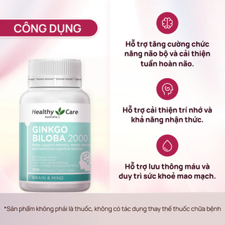 [CHÍNH HÃNG] Viên uống bổ não HealthyCare Ginkgo Biloba 100 viên hoạt huyết dưỡng não hỗ trợ trí nhớ