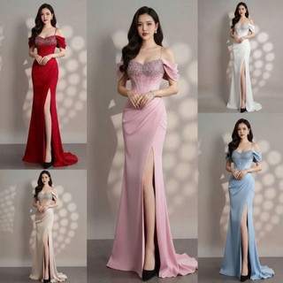 Đầm dạ hội Body trễ vai Đuôi Cá Xẻ Đùi Kết Đá Pha Lê Cao Cấp hn
