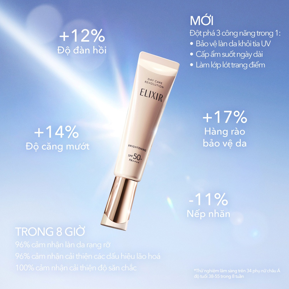 COMBO Sữa chống nắng sáng da ELIXIR DAY CARE REVOLUTION BRIGHTENING 35ml + Gel rửa mặt Elixir Clarifying Warm Cleanser