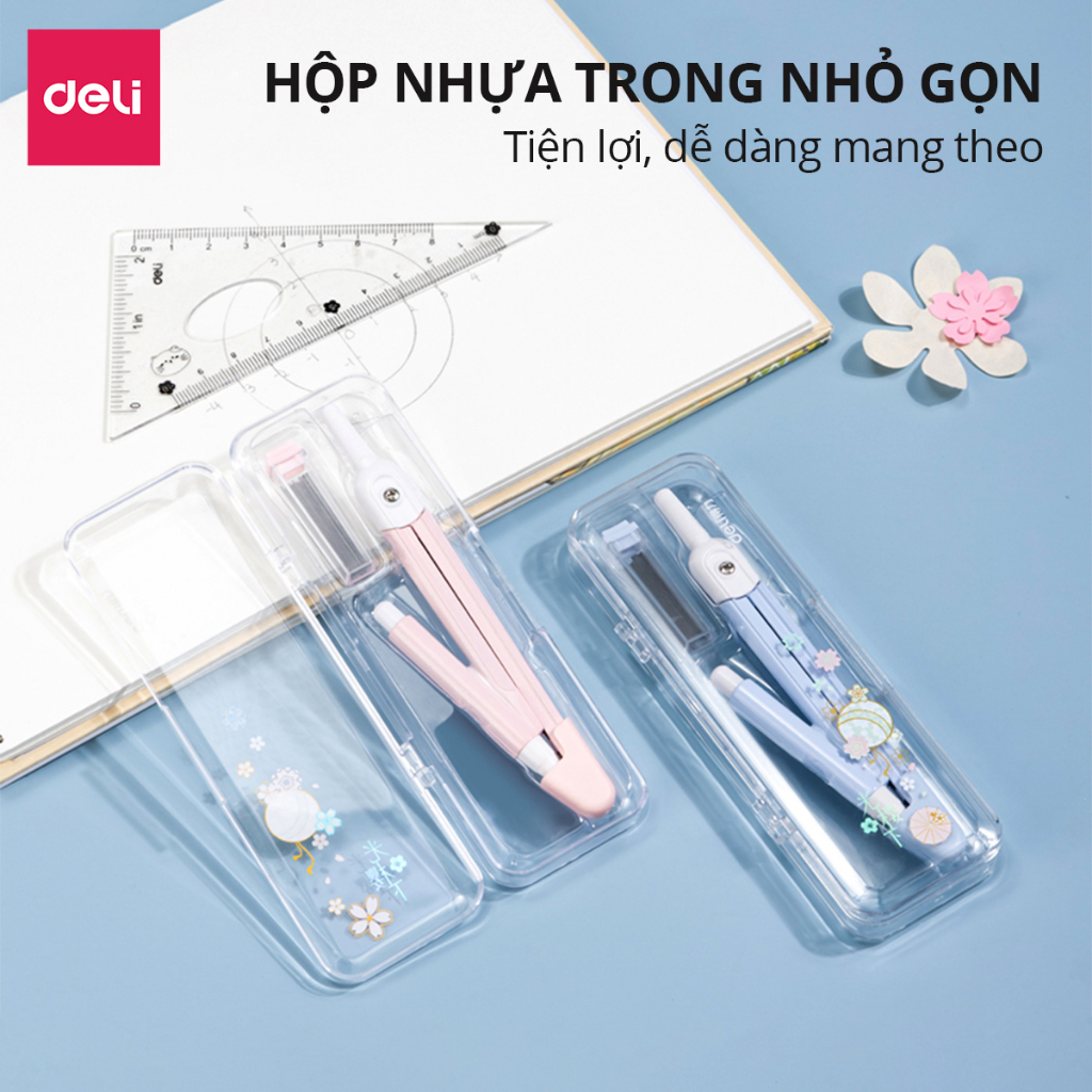 Bộ Compa Bấm Chì 2B Deli – Màu Pastel, Kèm Lõi Chì, Dụng Cụ Học Tập, Mỹ Thuật, Học Sinh