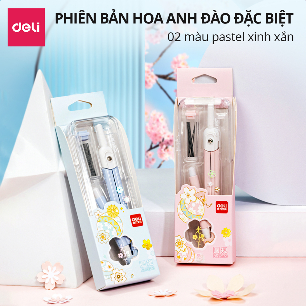 Bộ Compa Bấm Chì 2B Deli – Màu Pastel, Kèm Lõi Chì, Dụng Cụ Học Tập, Mỹ Thuật, Học Sinh