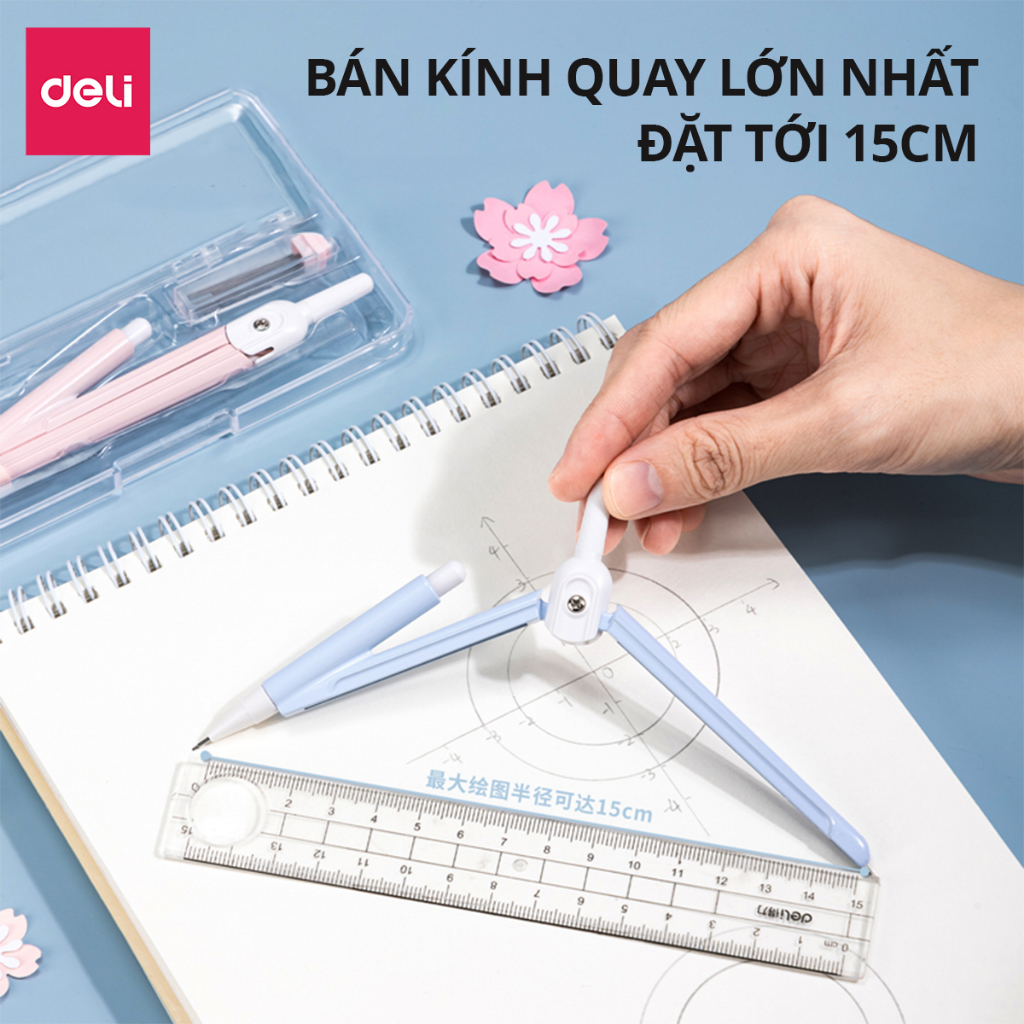 Bộ Compa Bấm Chì 2B Deli – Màu Pastel, Kèm Lõi Chì, Dụng Cụ Học Tập, Mỹ Thuật, Học Sinh
