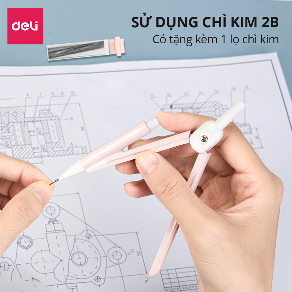 Bộ Compa Bấm Chì 2B Deli – Màu Pastel, Kèm Lõi Chì, Dụng Cụ Học Tập, Mỹ Thuật, Học Sinh