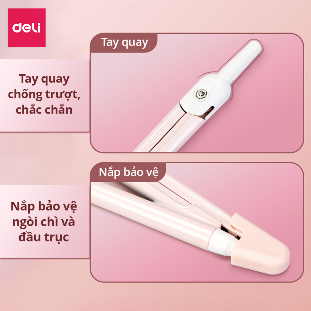 Bộ Compa Bấm Chì 2B Deli – Màu Pastel, Kèm Lõi Chì, Dụng Cụ Học Tập, Mỹ Thuật, Học Sinh