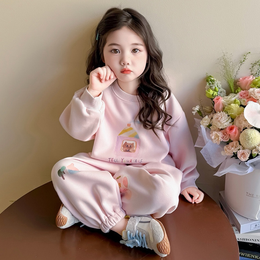 Bộ quần áo thu đông cho bé gái 13-32kg mẫu MÈO NÂU , chất nỉ bông, mềm mại,ấm áp
