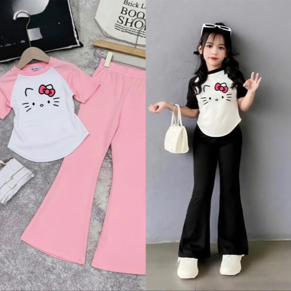 4-14 TUỔI Bộ quần áo trẻ em cộc tay in hình mèo chất vải tăm lạnh phối quần ống loe co giãn thoải mái M48