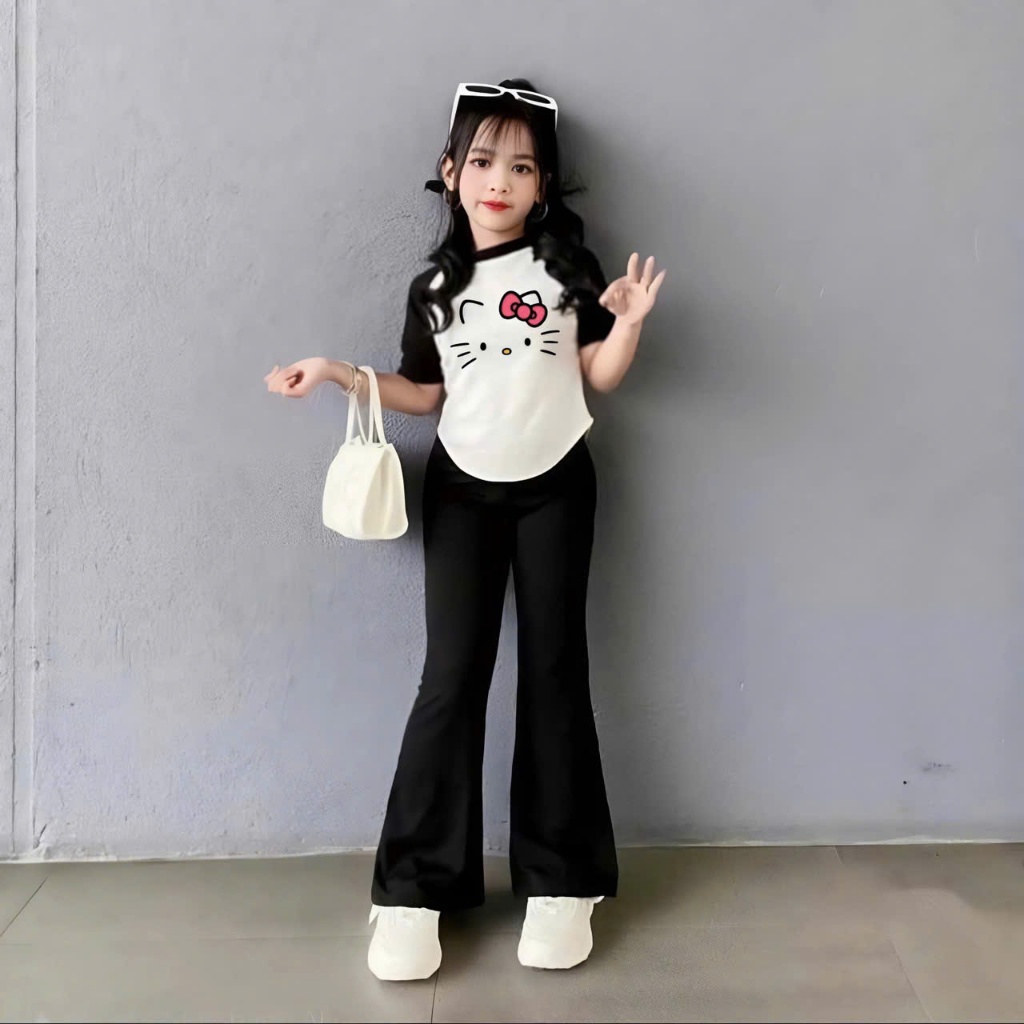 4-14 TUỔI Bộ quần áo trẻ em cộc tay in hình mèo chất vải tăm lạnh phối quần ống loe co giãn thoải mái M48