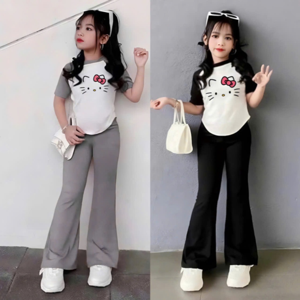 4-14 TUỔI Bộ quần áo trẻ em cộc tay in hình mèo chất vải tăm lạnh phối quần ống loe co giãn thoải mái M48