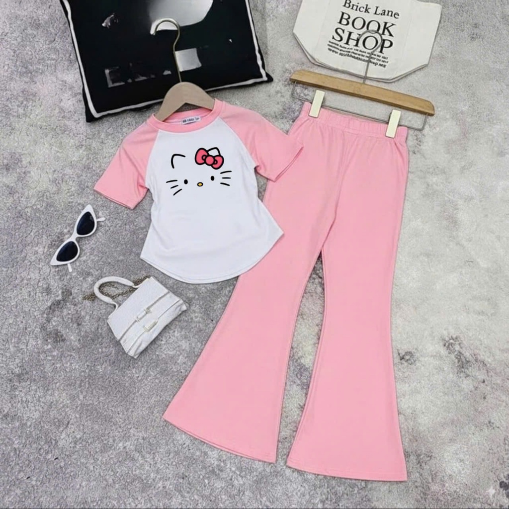 4-14 TUỔI Bộ quần áo trẻ em cộc tay in hình mèo chất vải tăm lạnh phối quần ống loe co giãn thoải mái M48