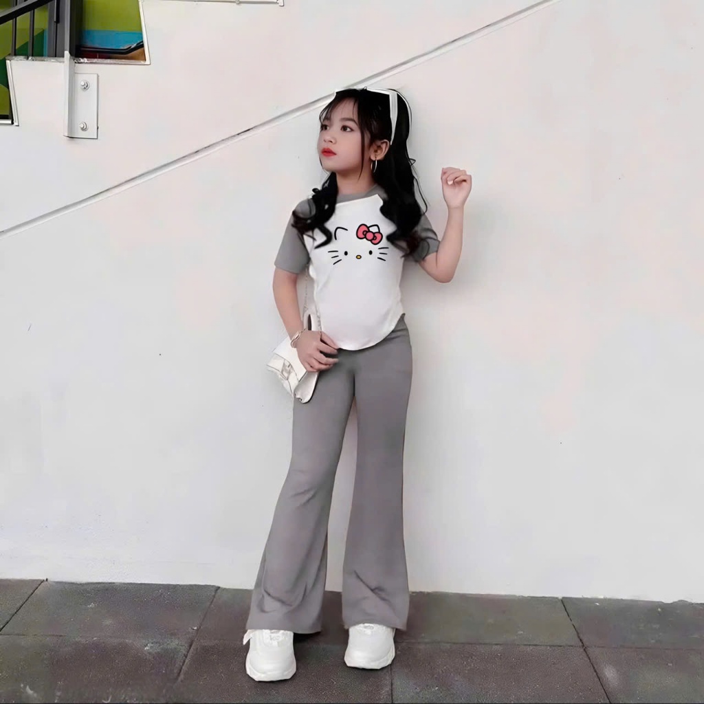 4-14 TUỔI Bộ quần áo trẻ em cộc tay in hình mèo chất vải tăm lạnh phối quần ống loe co giãn thoải mái M48