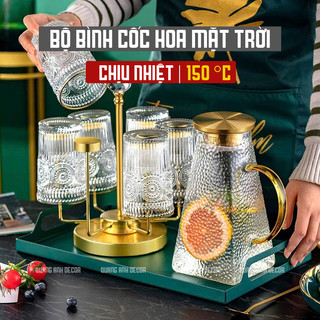 Bộ bình cốc HOA MẶT TRỜI thủy tinh chịu nhiệt HONGLI cao cấp, Bộ bình nước sang trọng hiện đại DECOR