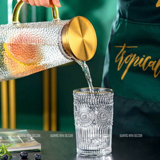 Bộ bình cốc HOA MẶT TRỜI thủy tinh chịu nhiệt HONGLI cao cấp, Bộ bình nước sang trọng hiện đại DECOR