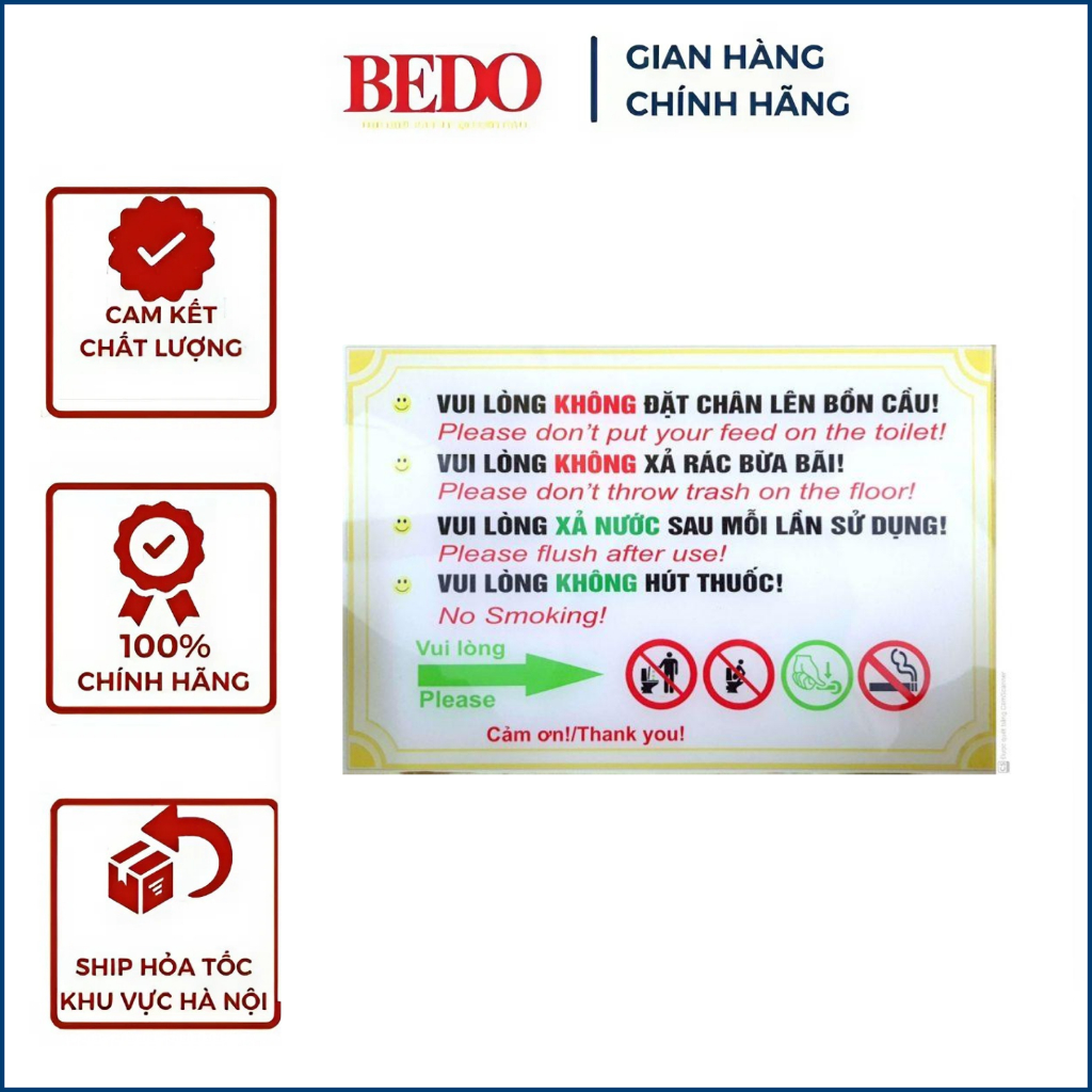 Bảng nội quy toilet WC Bedo, Biển mica dán tường nhà vệ sinh, Bảng quy định WC chống nước bền màu văn phòng quán cafe