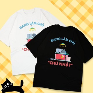 Áo thun unisex mèo ngộ nghĩnh Đang Làm Chủ Nhật áo phông cổ tròn chất Cotton mềm mịn co dãn 4 chiều TA0114