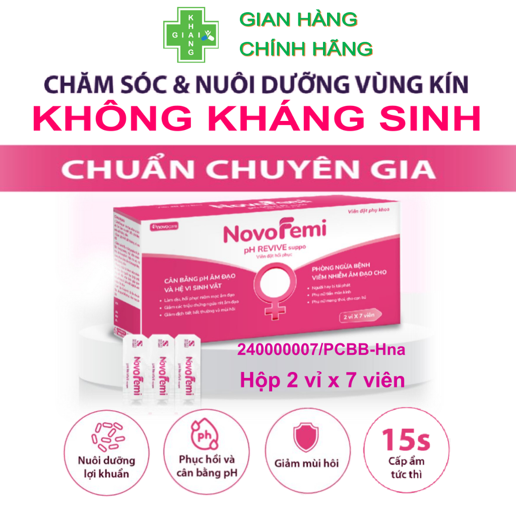 [CHE TÊN SP] Viên đặt ngừa viêm, giúp se khít, phục hồi pH NovoFemi hồng (Hộp 14 viên)  *Khách mua 7v là không có hộp